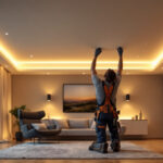 A photograph of a skilled lighting contractor installing recessed lighting in a modern home setting