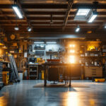 A photograph of a well-lit garage showcasing a variety of led lighting solutions in action