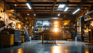 A photograph of a well-lit garage showcasing a variety of led lighting solutions in action