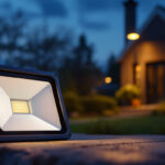 A photograph of a modern flood lamp illuminating an outdoor space at dusk