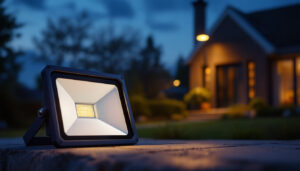 A photograph of a modern flood lamp illuminating an outdoor space at dusk