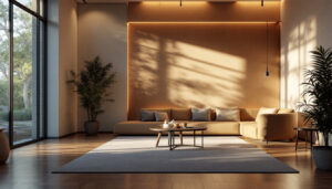 A photograph of a beautifully lit interior space showcasing innovative lighting designs