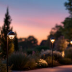 A photograph of a stylish outdoor lamp pole illuminated at dusk