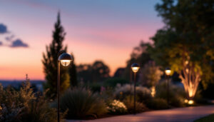 A photograph of a stylish outdoor lamp pole illuminated at dusk