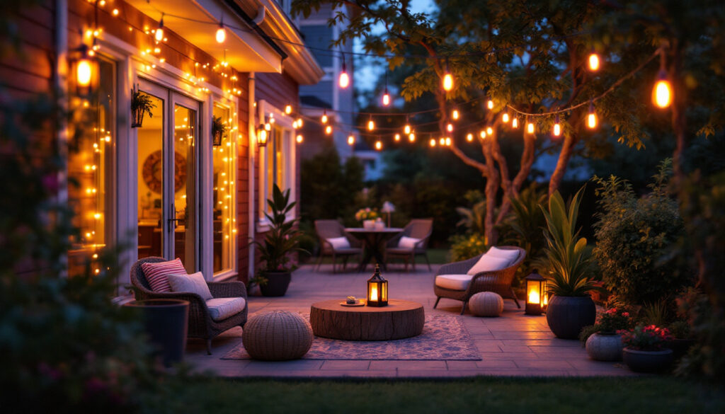 A photograph of a beautifully lit patio adorned with colorful string led lights