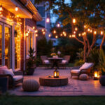 A photograph of a beautifully lit patio adorned with colorful string led lights