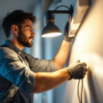 A photograph of a lighting contractor in action