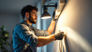 A photograph of a lighting contractor in action