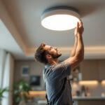 A photograph of a lighting contractor installing a modern ceiling led light fixture in a stylish home interior
