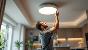 A photograph of a lighting contractor installing a modern ceiling led light fixture in a stylish home interior