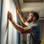 A photograph of a skilled lighting contractor installing or adjusting panel lights in a modern interior space