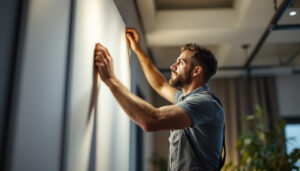A photograph of a skilled lighting contractor installing or adjusting panel lights in a modern interior space