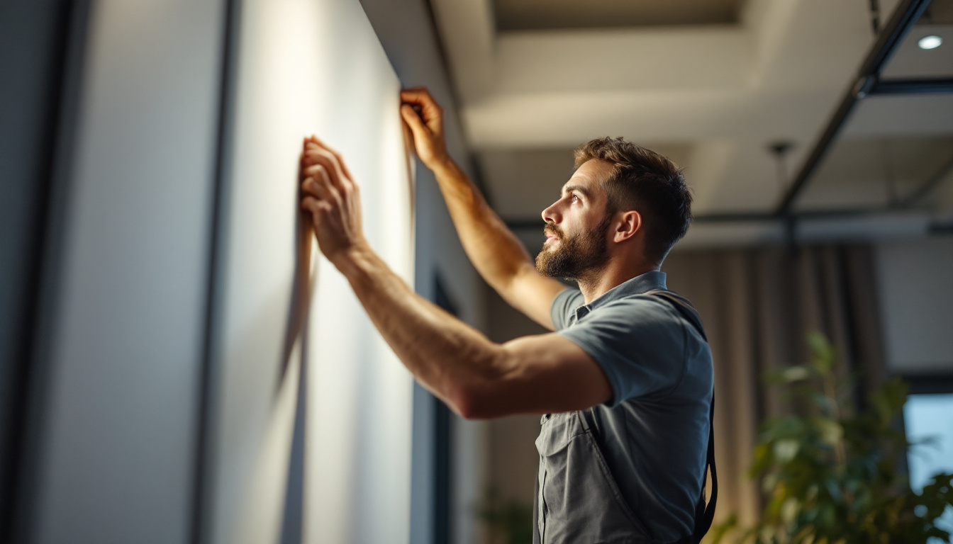 A photograph of a skilled lighting contractor installing or adjusting panel lights in a modern interior space