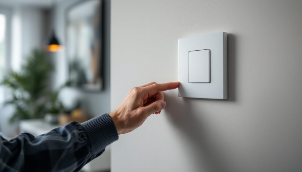A photograph of a professional electrician or technician installing a modern light switch in a stylish home setting