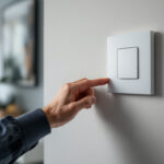 A photograph of a professional electrician or technician installing a modern light switch in a stylish home setting