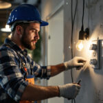 A photograph of a skilled lighting contractor at work