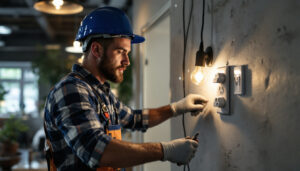 A photograph of a skilled lighting contractor at work