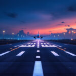 A photograph of a well-lit airport runway at dusk