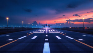 A photograph of a well-lit airport runway at dusk