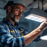 A photograph of a lighting contractor expertly removing an old ballast from a fixture