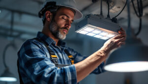 A photograph of a lighting contractor expertly removing an old ballast from a fixture