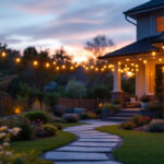 A photograph of a lighting contractor installing stylish outdoor lights in a beautifully landscaped backyard during twilight