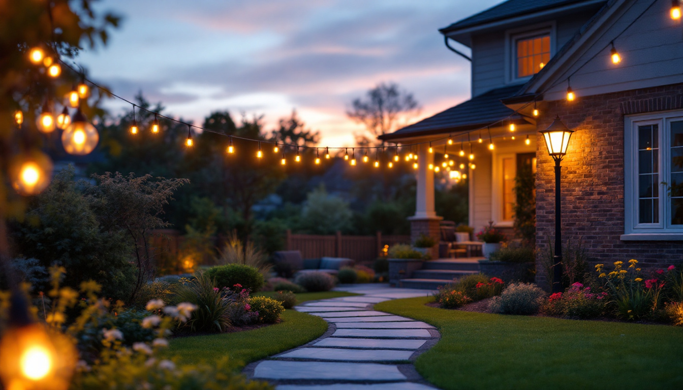 A photograph of a lighting contractor installing stylish outdoor lights in a beautifully landscaped backyard during twilight