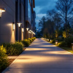 A photograph of a well-lit walkway featuring energy-efficient lighting fixtures