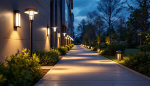 A photograph of a well-lit walkway featuring energy-efficient lighting fixtures