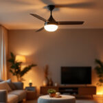 A photograph of a well-lit living room featuring a stylish ceiling fan in action