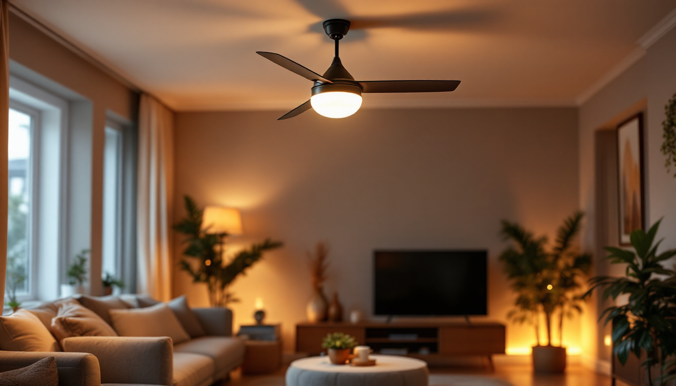 A photograph of a well-lit living room featuring a stylish ceiling fan in action