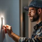 A photograph of a lighting contractor installing a smart switch in a modern home setting
