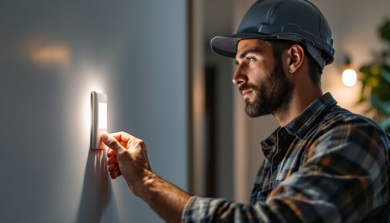 A photograph of a lighting contractor installing a smart switch in a modern home setting