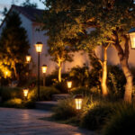 A photograph of a beautifully landscaped outdoor space illuminated by a variety of stylish solar lamps at dusk