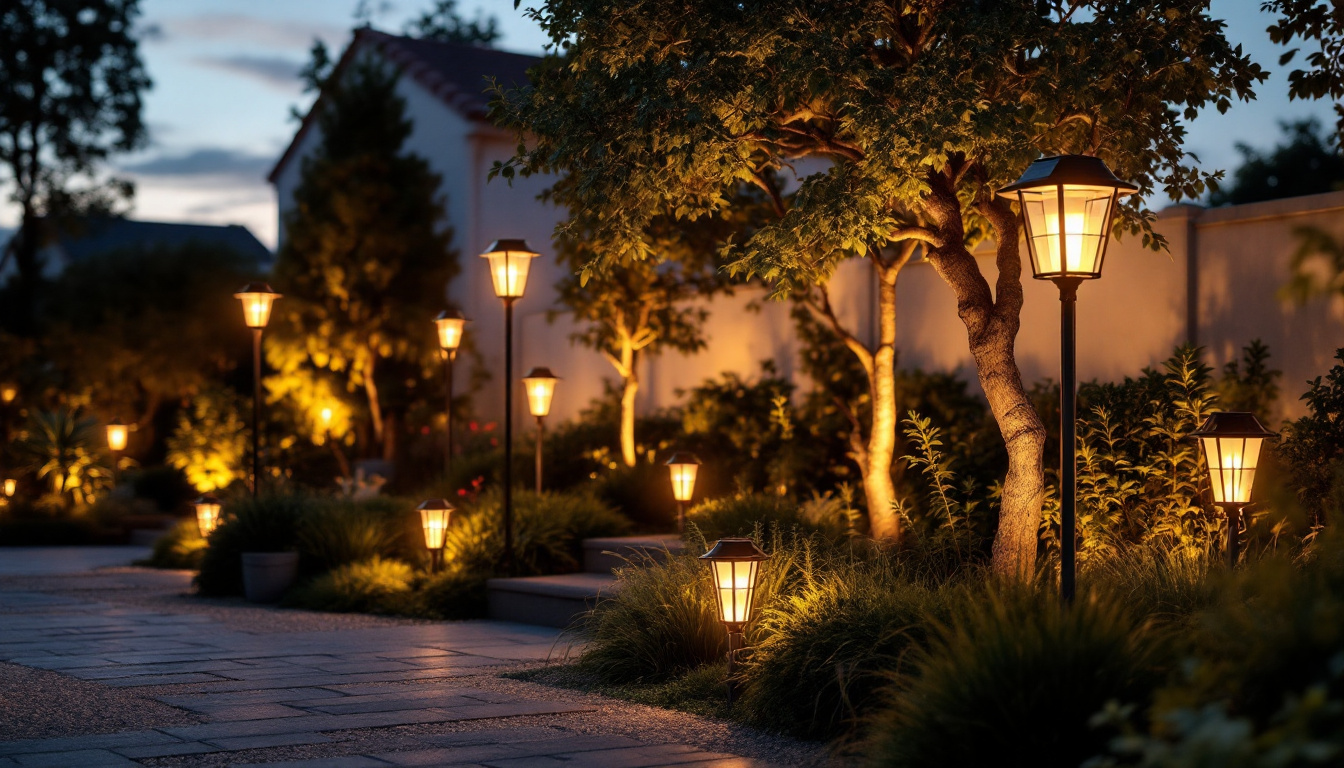 A photograph of a beautifully landscaped outdoor space illuminated by a variety of stylish solar lamps at dusk