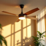 A photograph of a stylish ceiling fan in a beautifully lit room