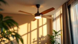 A photograph of a stylish ceiling fan in a beautifully lit room