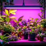 A photograph of a modern indoor garden setup featuring a vibrant array of plants illuminated by a high-quality led grow lamp