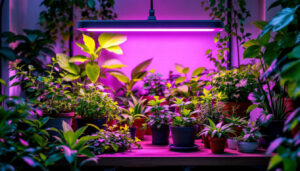 A photograph of a modern indoor garden setup featuring a vibrant array of plants illuminated by a high-quality led grow lamp