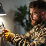 A photograph of a skilled lighting contractor inspecting and installing various types of electrical outlets in a well-lit residential setting