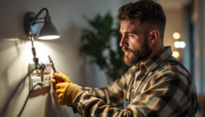 A photograph of a skilled lighting contractor inspecting and installing various types of electrical outlets in a well-lit residential setting