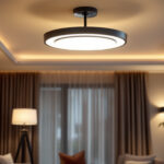 A photograph of a modern ceiling fixture installed in a stylish interior setting