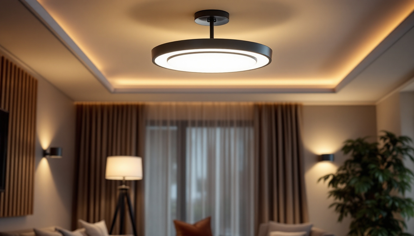A photograph of a modern ceiling fixture installed in a stylish interior setting