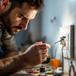 A photograph of a lighting contractor installing a lamp timer switch