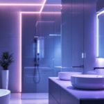 A photograph of a well-lit modern bathroom showcasing stylish led lighting fixtures