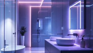 A photograph of a well-lit modern bathroom showcasing stylish led lighting fixtures