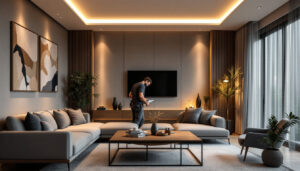 A photograph of a well-designed modern living space featuring sleek recessed lighting