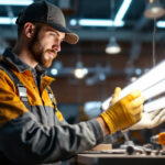 A photograph of a lighting contractor installing or showcasing t8 bulbs in a commercial setting
