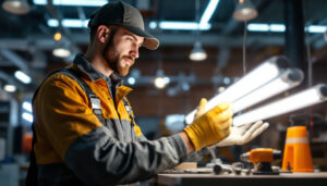 A photograph of a lighting contractor installing or showcasing t8 bulbs in a commercial setting