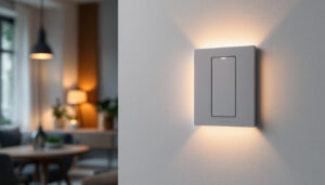 A photograph of a modern dimmable led switch in a stylish home setting